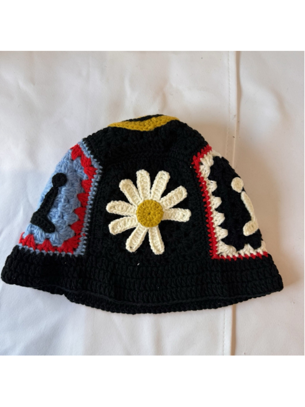 New Smiley Face Crochet Bucket Hat Multicolor Granny Knit Handmade Happy Hippie